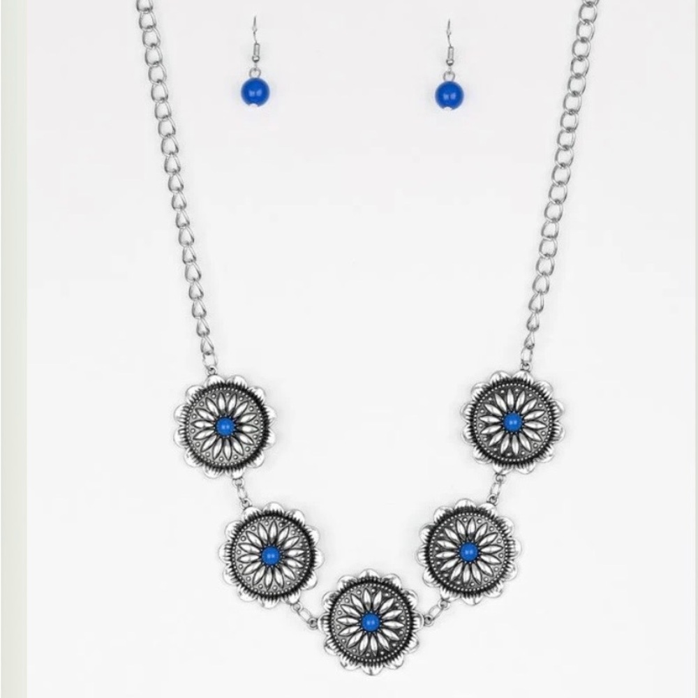 Paparazzi Silver and Blue Medallion Necklace Set
